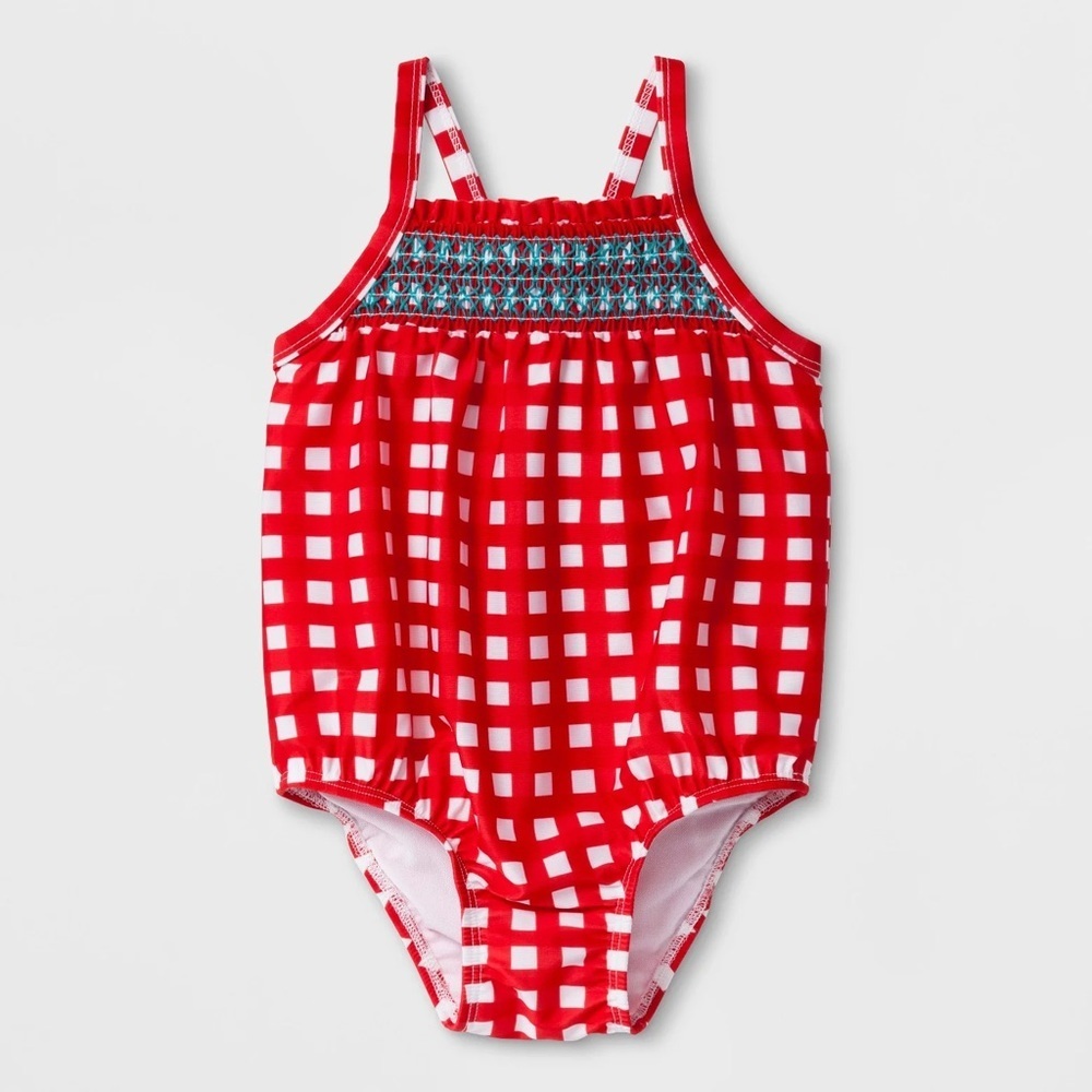 Kids Girl 2T Month Red Gingham One-Piece Swimsuit with Smocked Detail